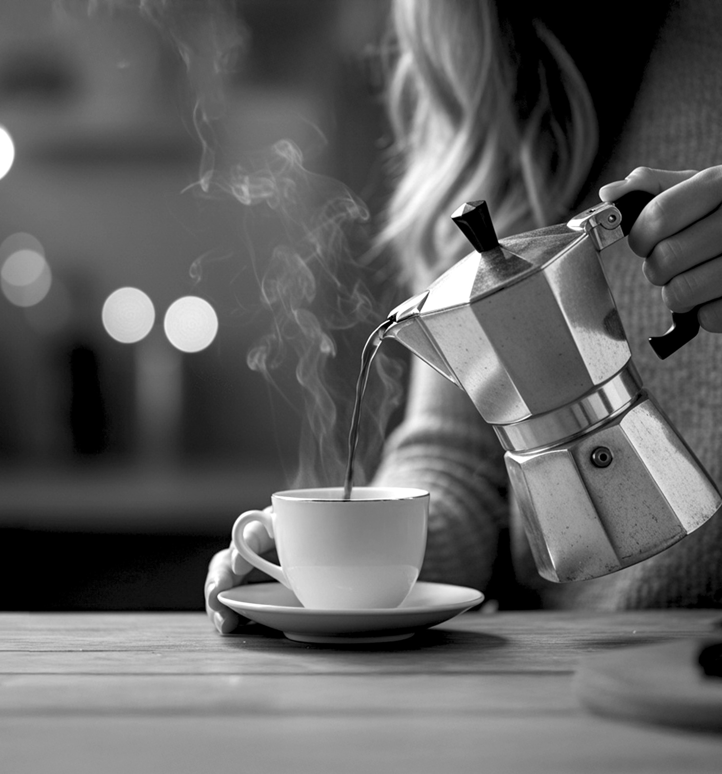 Caffè preparato con la moka Donna che versa una tazza di caffè preparato con la moka
