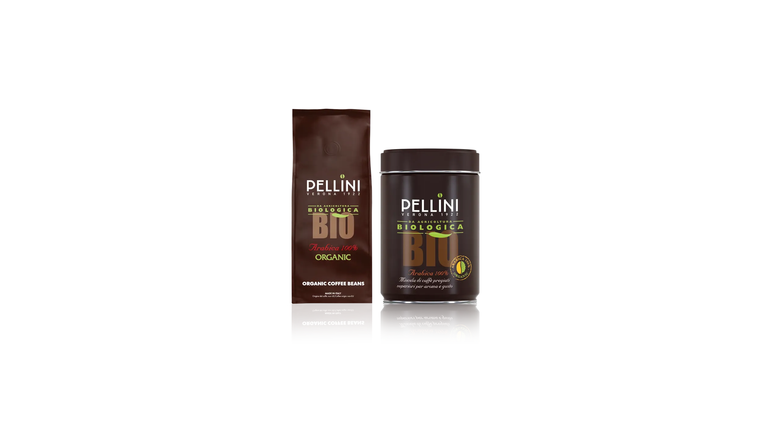 Confezioni di caffè Pellini miscela Bio, nei formati in grani e macinato moka