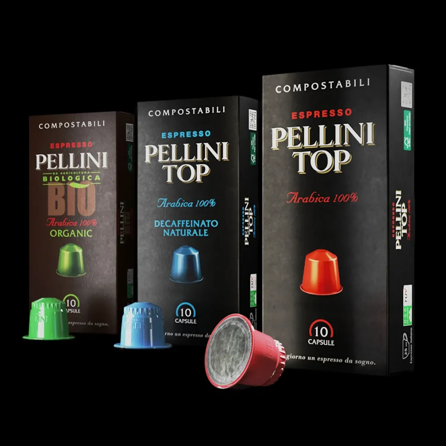 Confezioni di tre referenze di capsule Pellini Top, decaffeinato e Bio, disposte in fila